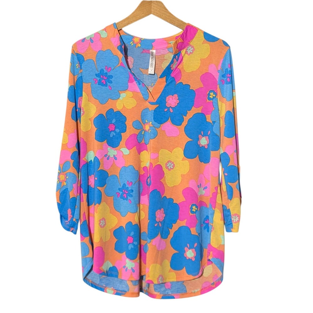 Dear Scarlett Women Small Top Orange Blue Floral Roll Tab Sleeve Split Neck